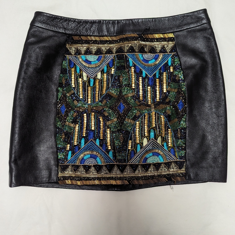 KORA RAE size 4 Beaded lambskin Leather Mini Skirt Kittenish Black MADE IN USA.